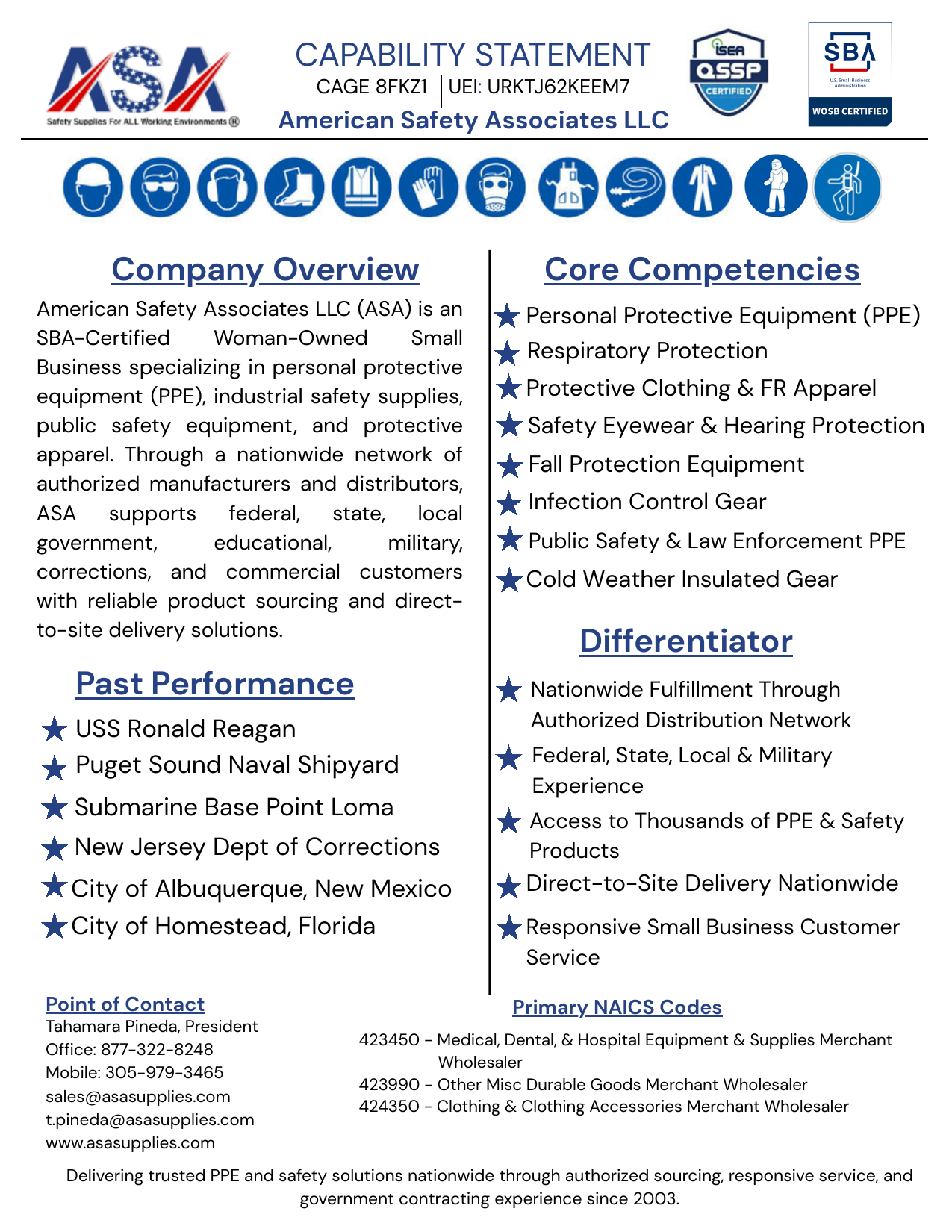 American Safety Associates, LLC capability statement showing CAGE 8FKZ1, UEI URKTJ62KEEM7, core PPE competencies, past performance, and NAICS codes